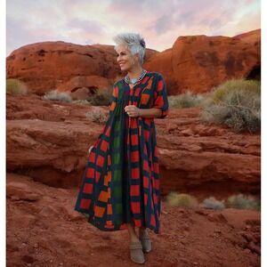 DOLMA BLOCK PRINT GEOMETRIC COTTON STATEMENT MAXI SKYE DRESS Size S